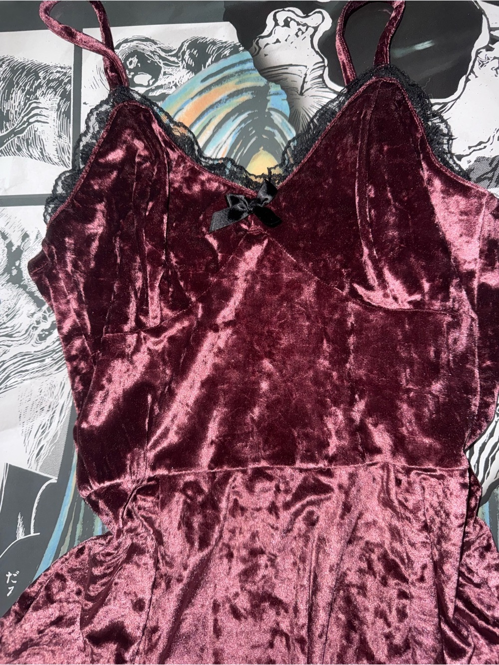 Women’s Velvet Lace Trim Slip Dress in Deep Burgundy - Picture 5 of 6